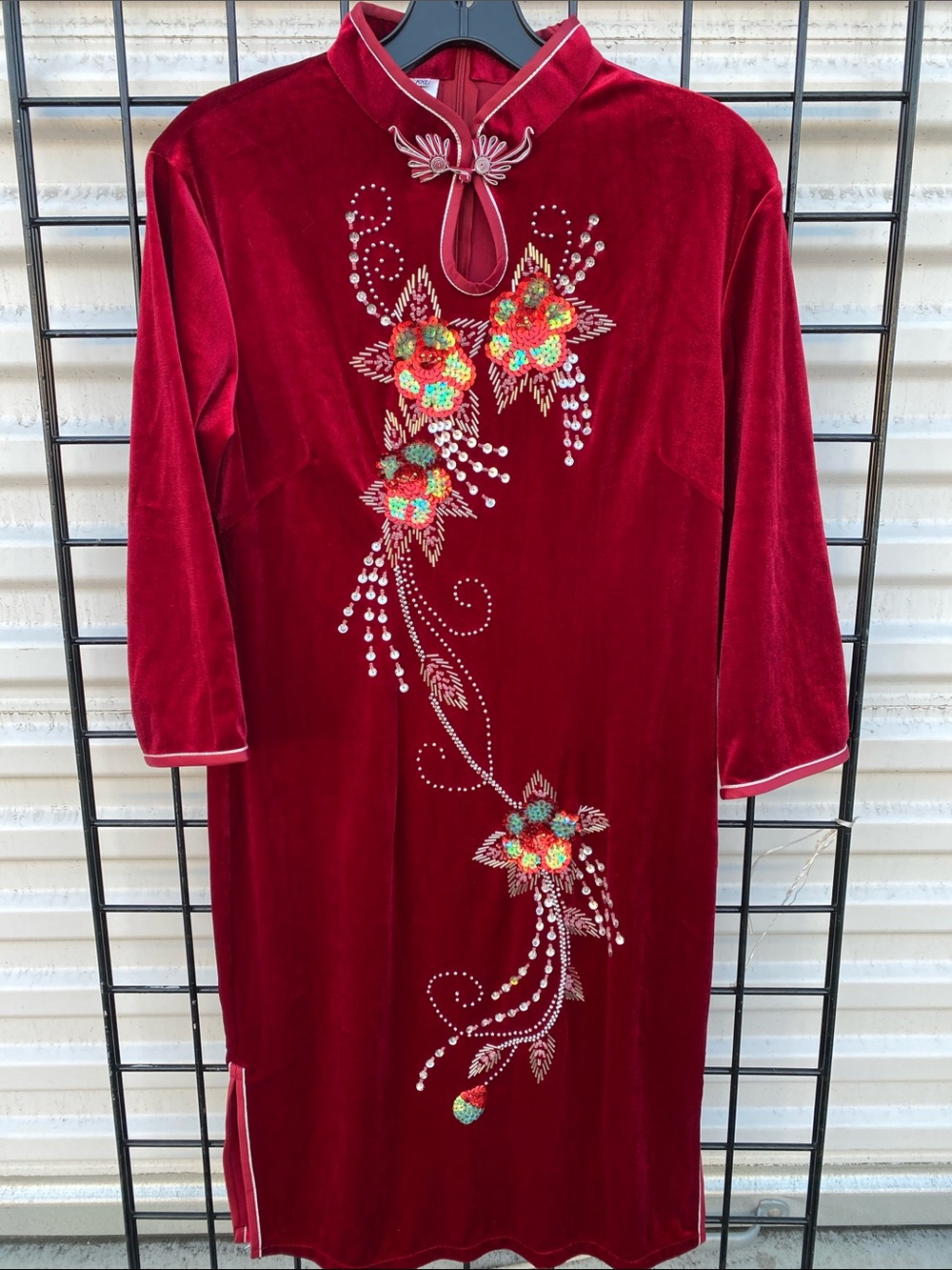 Red Velvet Embroidered Long Sleeve Dress
